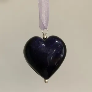 Necklace with purple velvet Murano glass large heart pendant on organza ribbon