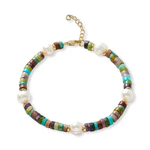 Nova oval cultured freshwater pearl bracelet with blue mix jasper & gold beads
