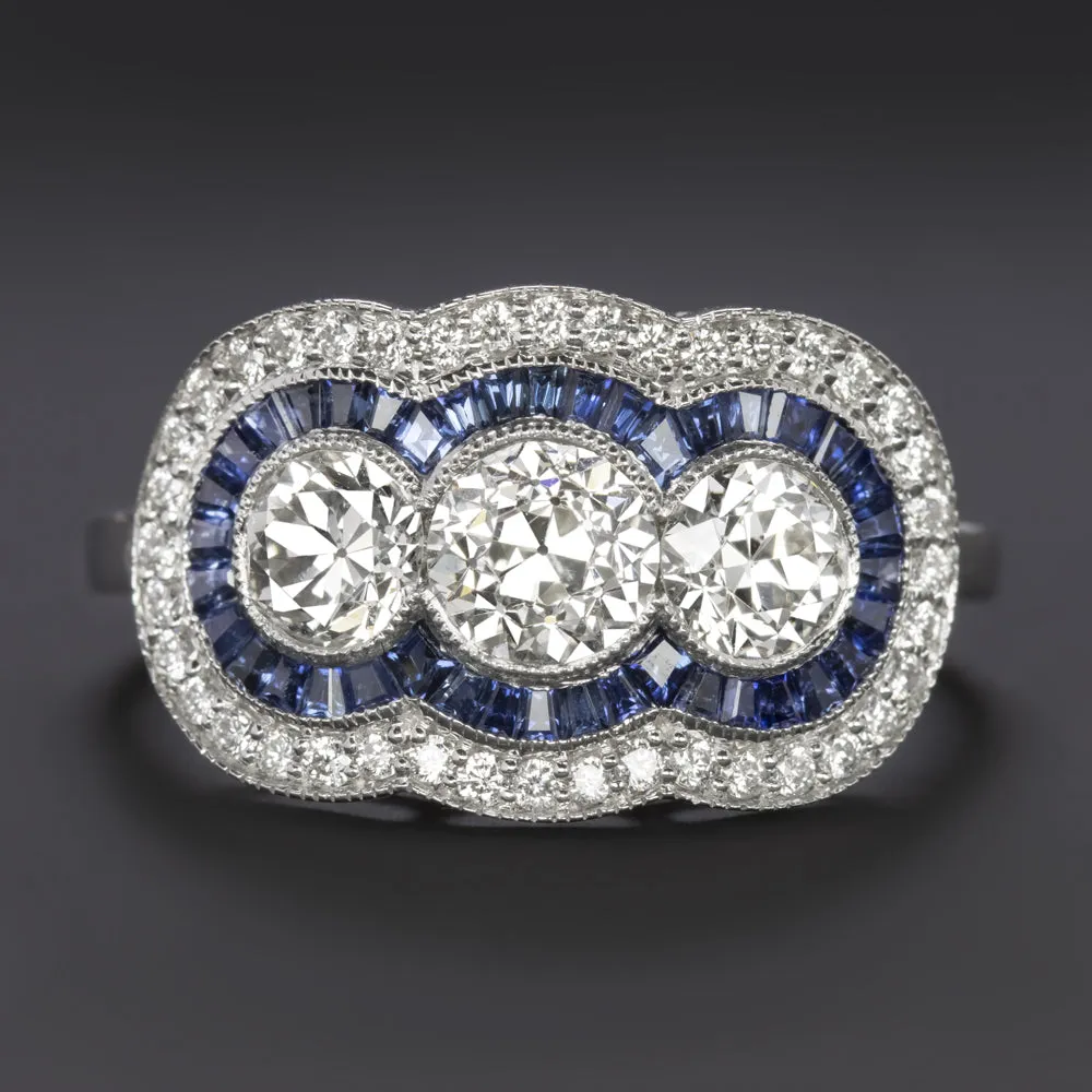 OLD EUROPEAN CUT DIAMOND SAPPHIRE RING VINTAGE STYLE HALO ART DECO THREE STONE