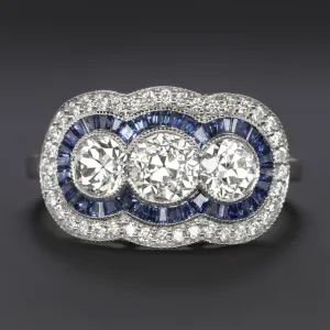 OLD EUROPEAN CUT DIAMOND SAPPHIRE RING VINTAGE STYLE HALO ART DECO THREE STONE