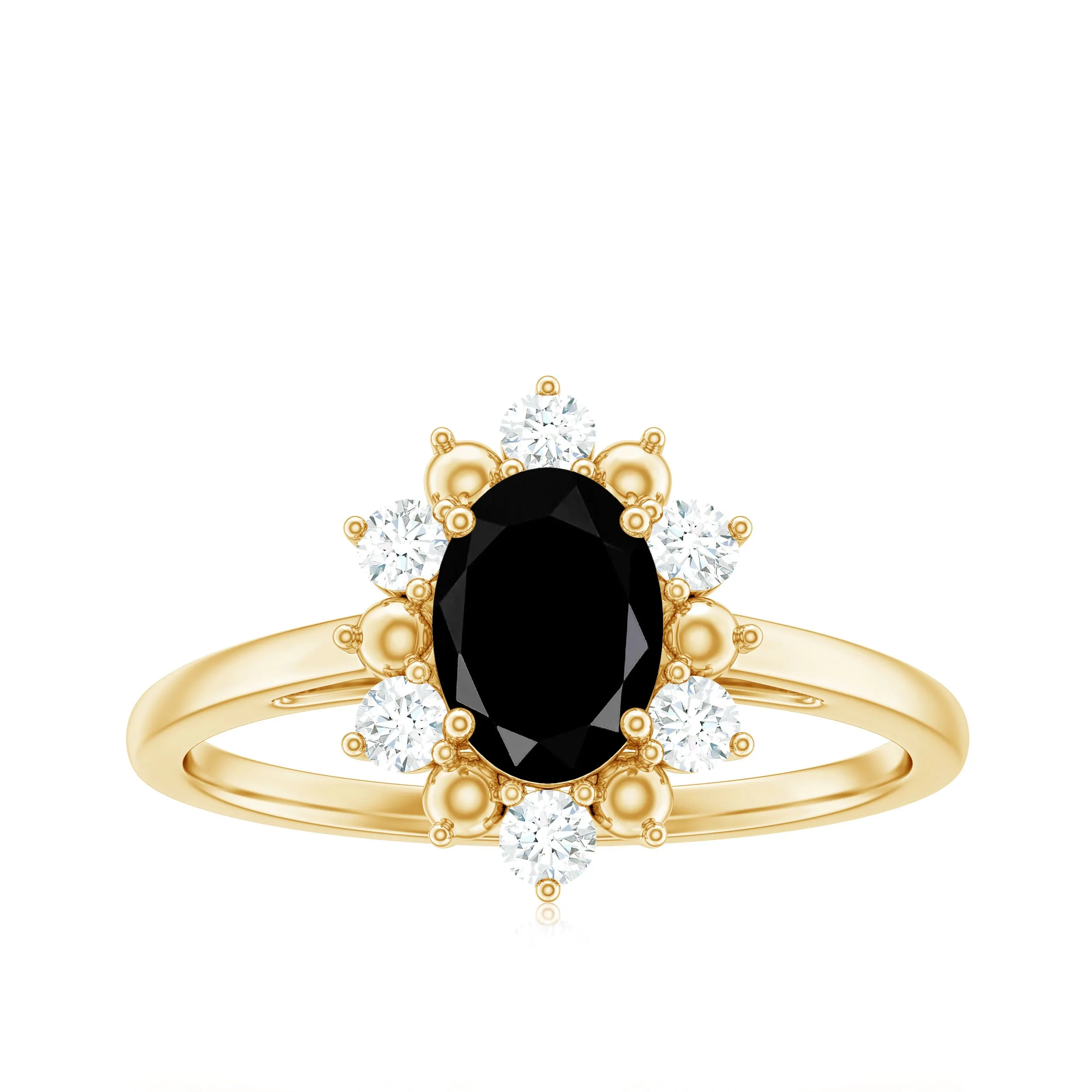 Oval Created Black Diamond Floral Halo Engagement Ring with Diamond
