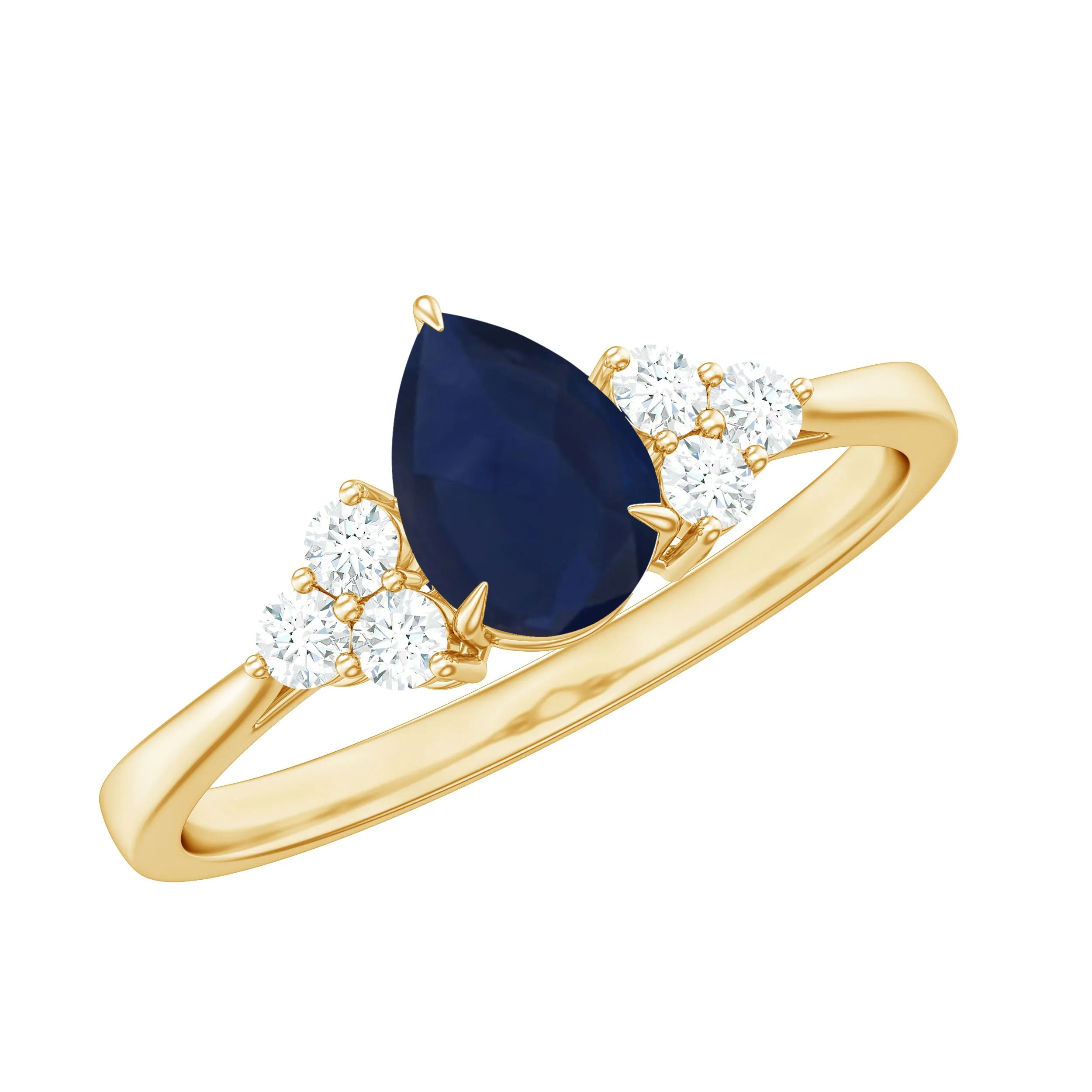 Pear Shaped Blue Sapphire Solitaire Ring with Diamond Trio