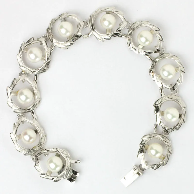 Pearl & Sterling Leaf Link 1950s Bracelet