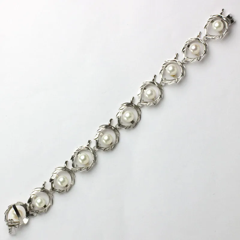 Pearl & Sterling Leaf Link 1950s Bracelet