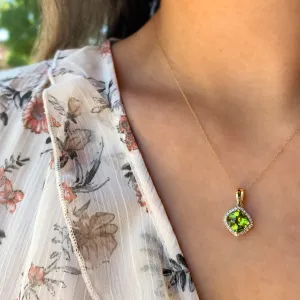 Peridot and Diamond Halo Necklace - Yellow Gold