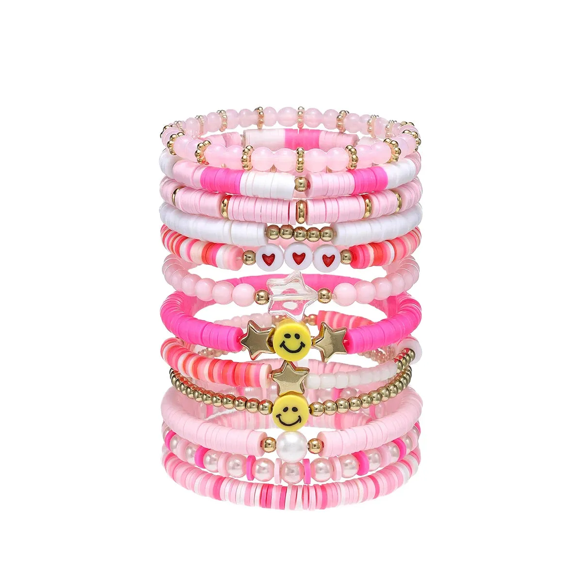 Pink Preppy Aesthetic Beaded Bracelet Set (12 pack)