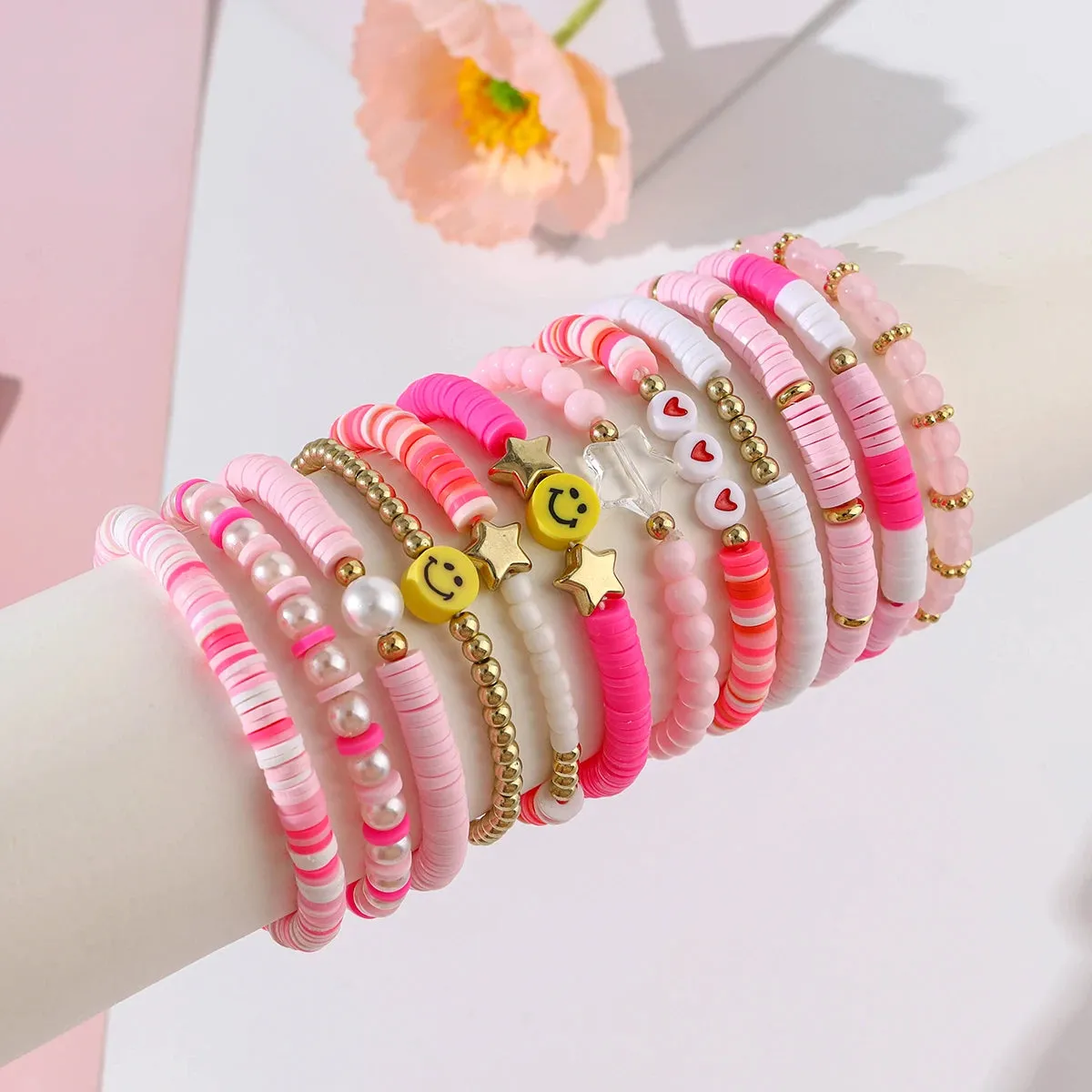 Pink Preppy Aesthetic Beaded Bracelet Set (12 pack)