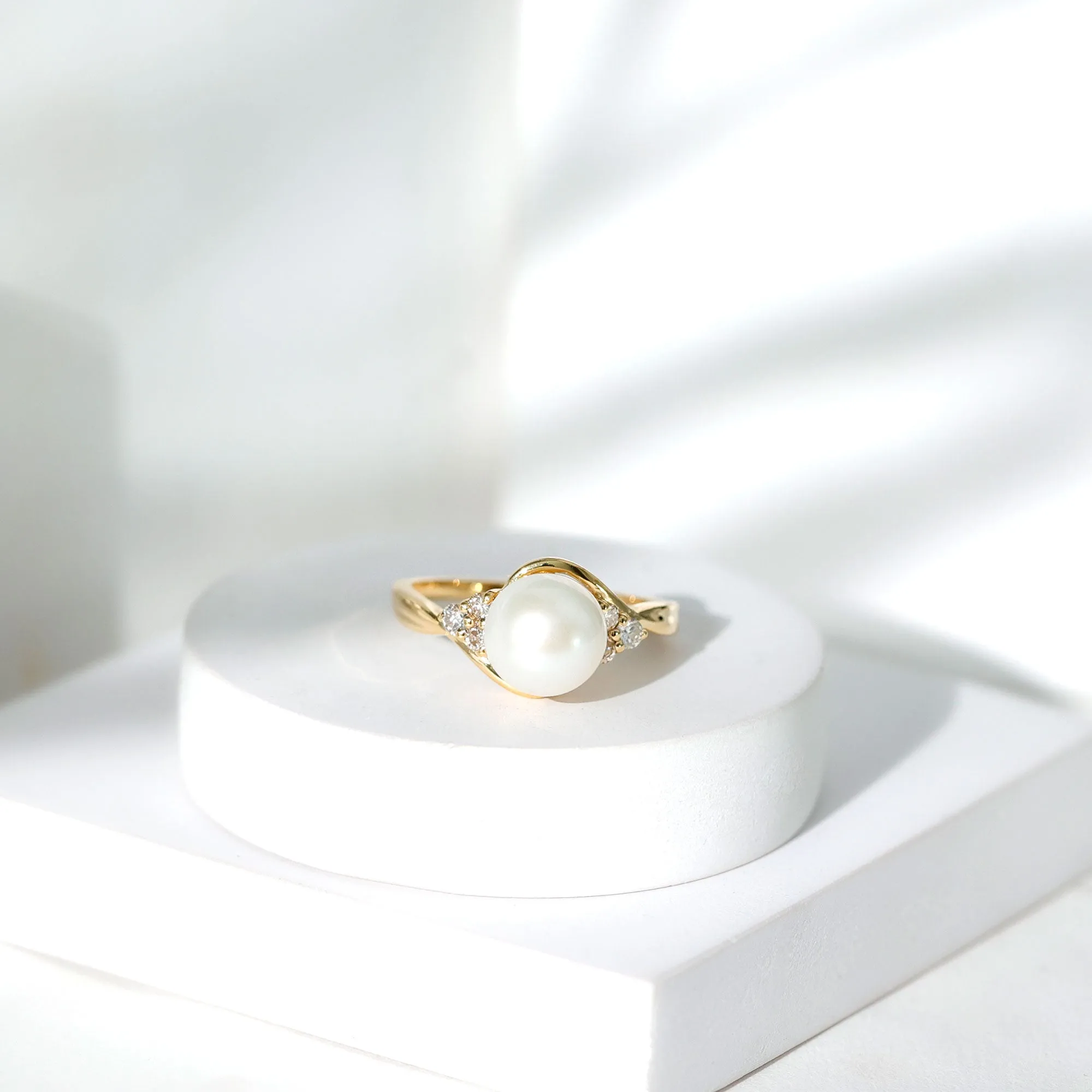 Pure Freshwater Pearl Bypass Engagement Ring with Diamond Trio