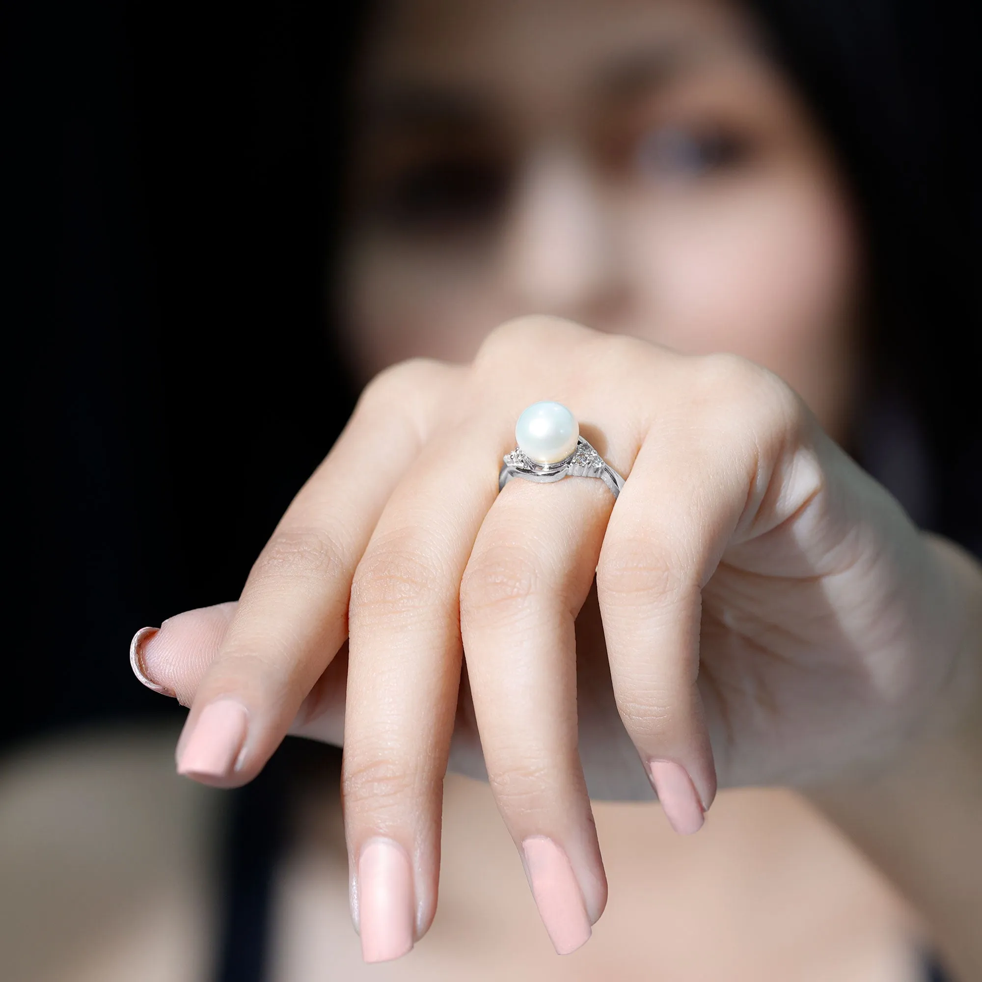 Pure Freshwater Pearl Bypass Engagement Ring with Diamond Trio