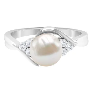 Pure Freshwater Pearl Bypass Engagement Ring with Diamond Trio