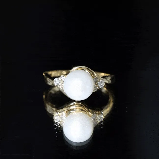 Pure Freshwater Pearl Bypass Engagement Ring with Diamond Trio