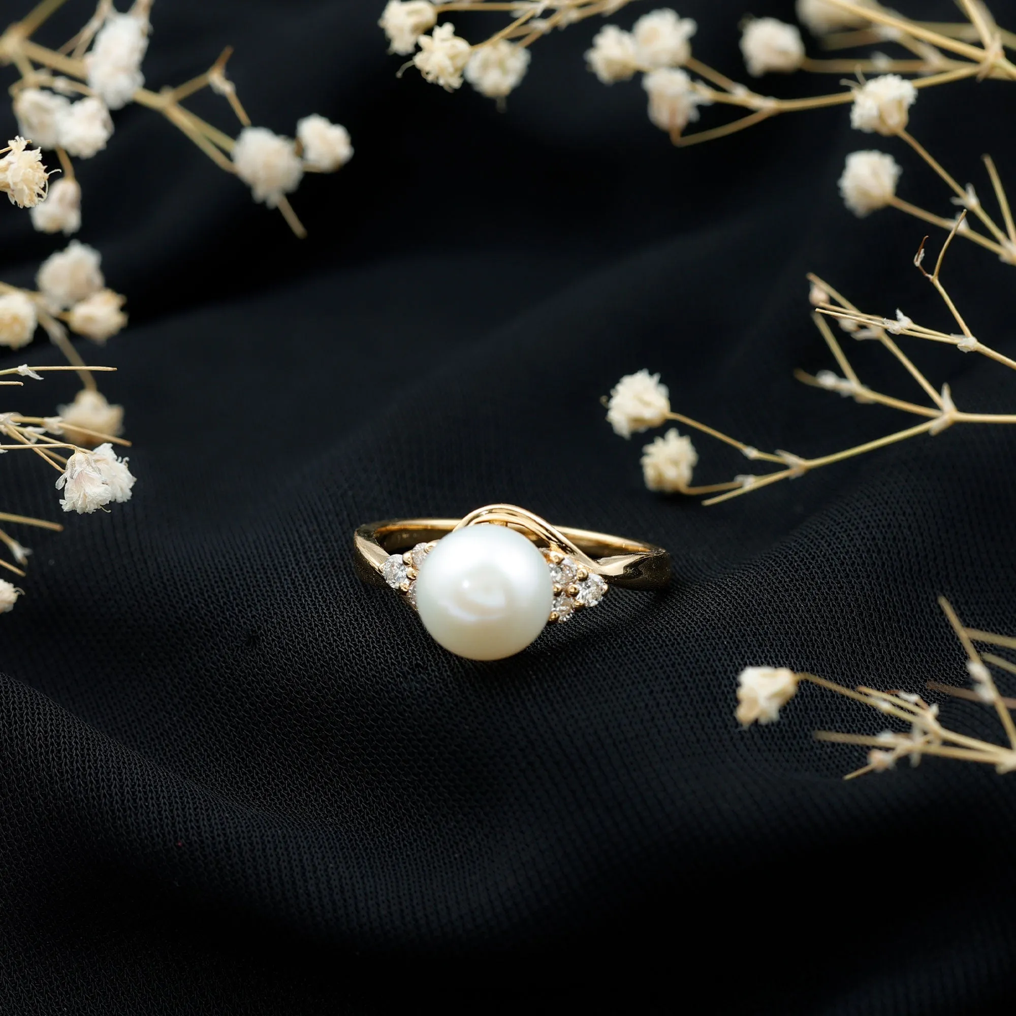 Pure Freshwater Pearl Bypass Engagement Ring with Diamond Trio