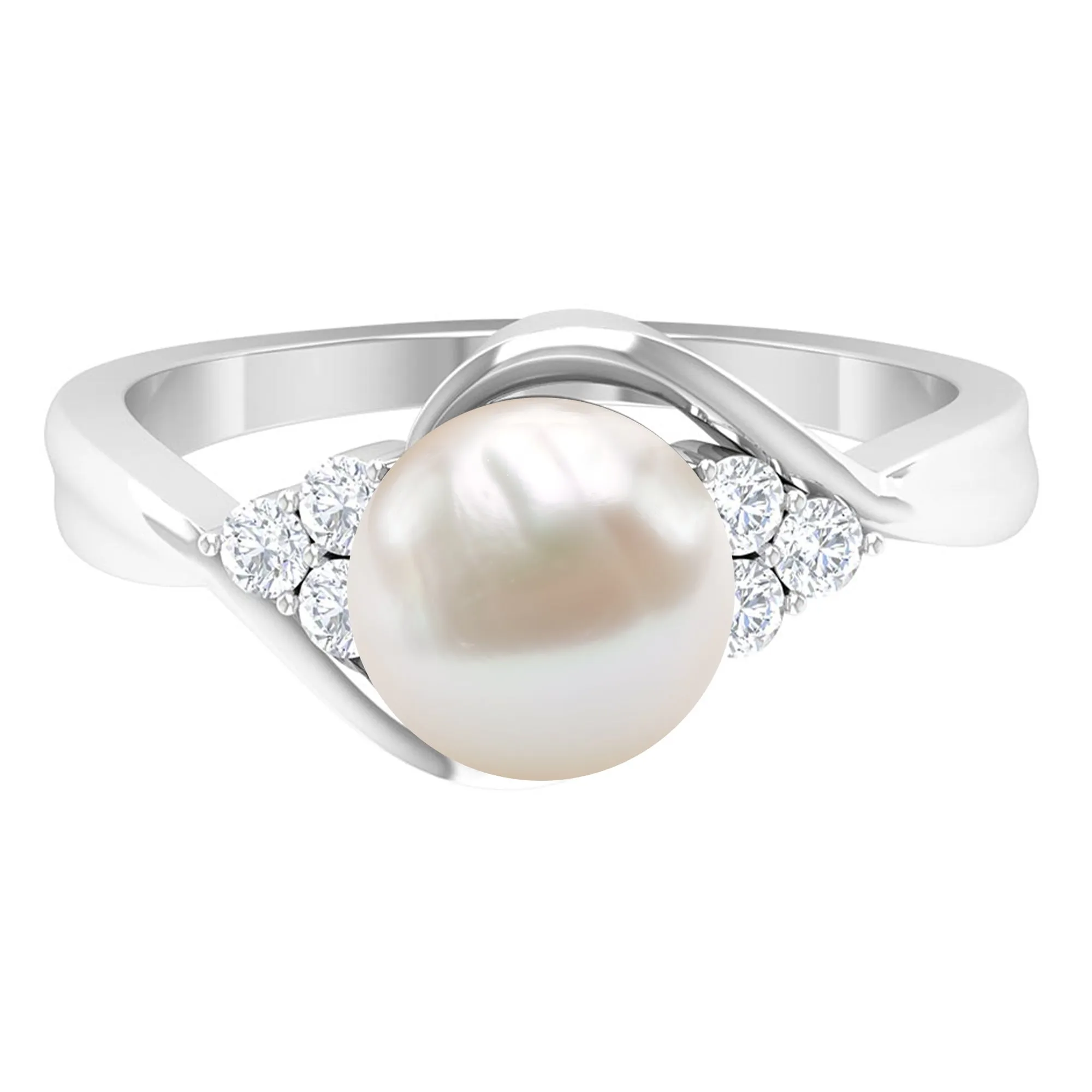 Pure Freshwater Pearl Bypass Engagement Ring with Diamond Trio