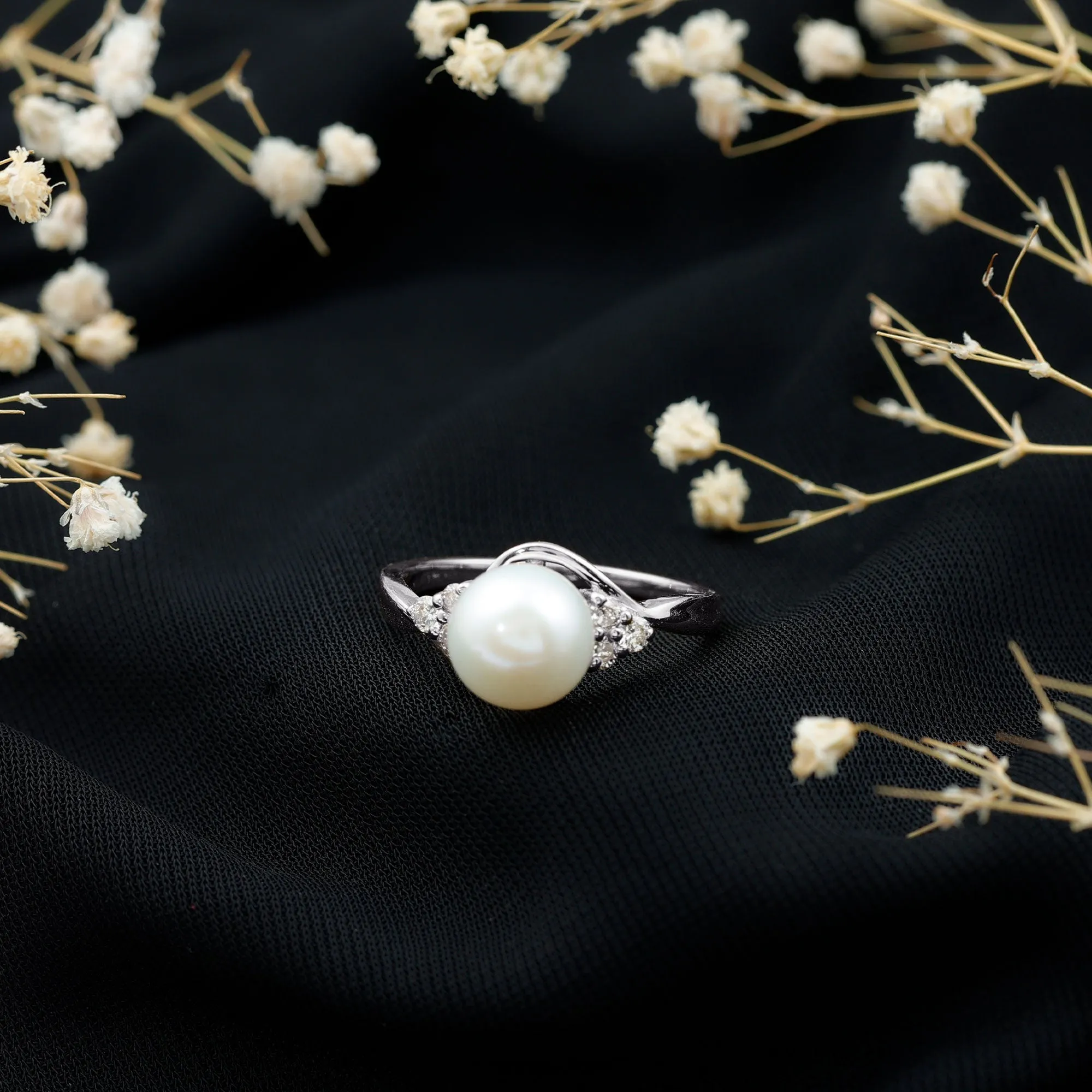 Pure Freshwater Pearl Bypass Engagement Ring with Diamond Trio