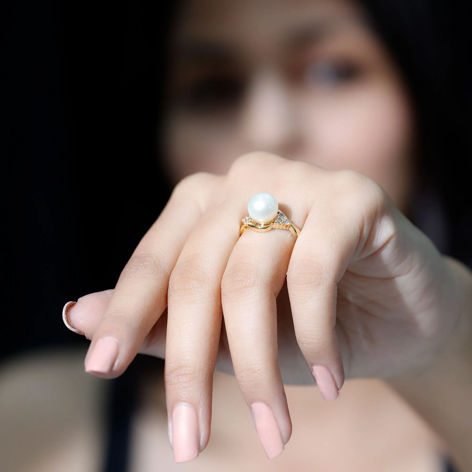 Pure Freshwater Pearl Bypass Engagement Ring with Diamond Trio