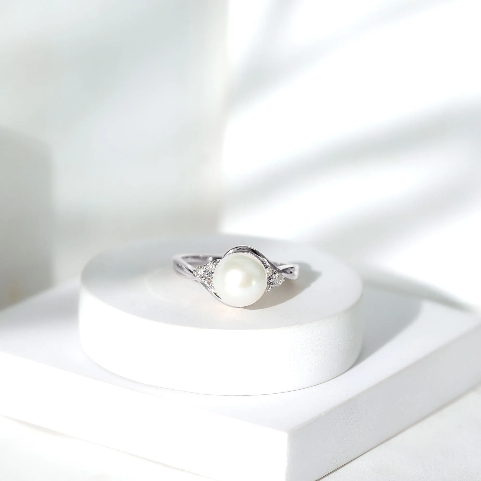 Pure Freshwater Pearl Bypass Engagement Ring with Diamond Trio