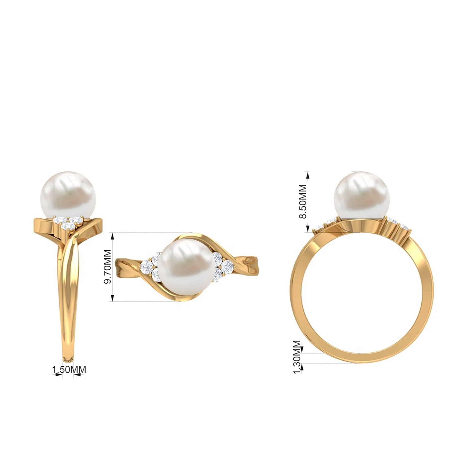 Pure Freshwater Pearl Bypass Engagement Ring with Diamond Trio