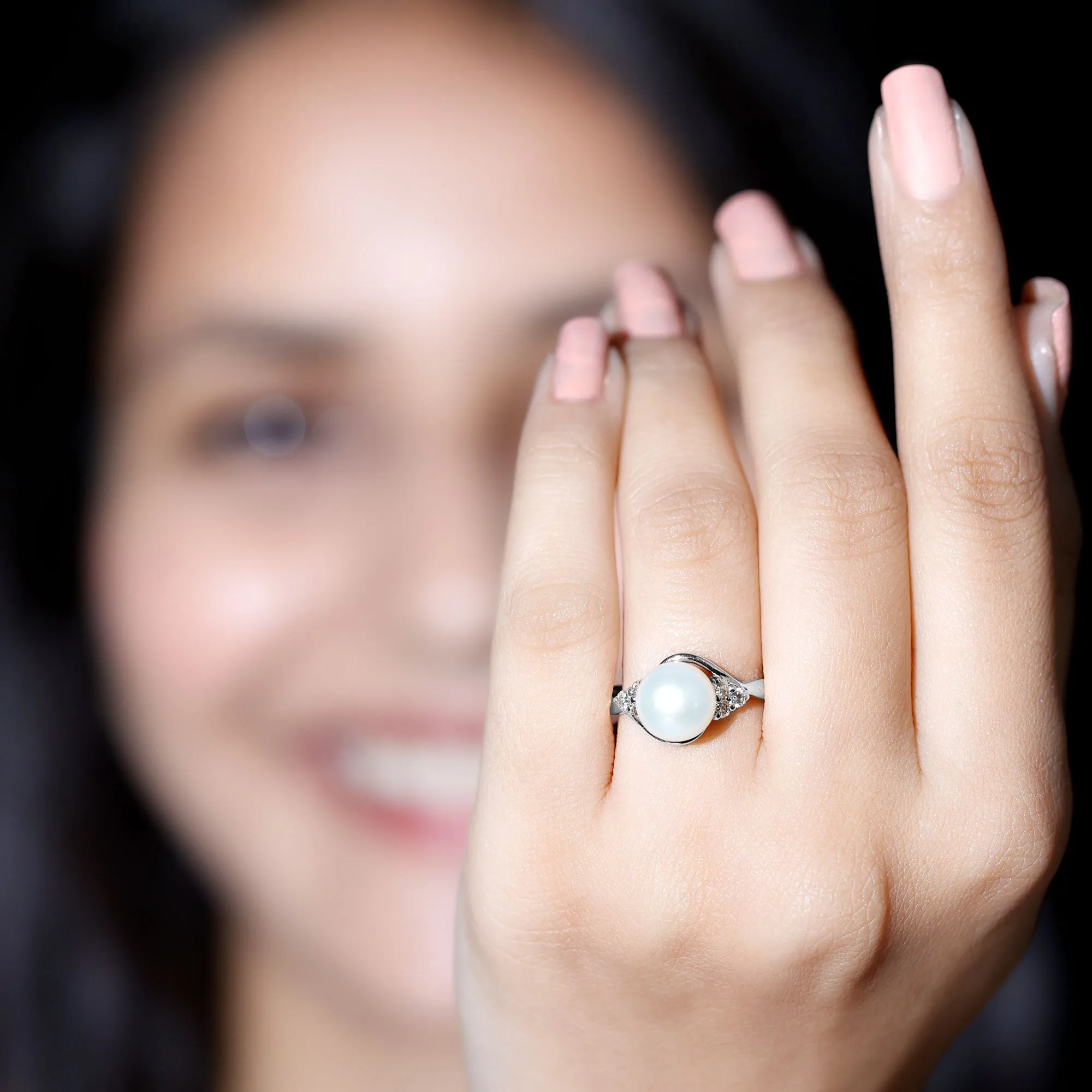 Pure Freshwater Pearl Bypass Engagement Ring with Diamond Trio