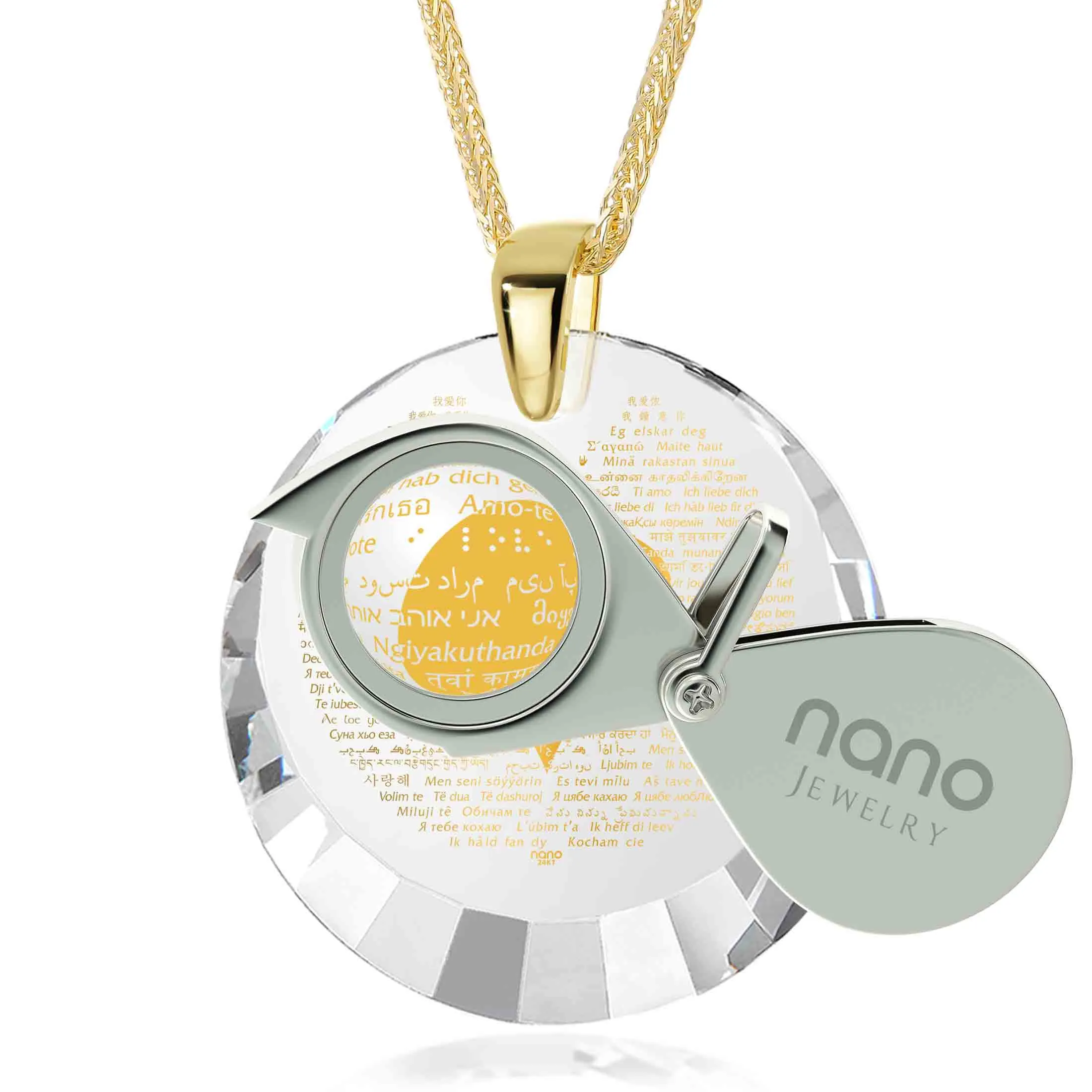 "I Love You" in 120 Languages, 14k Gold Necklace, Zirconia