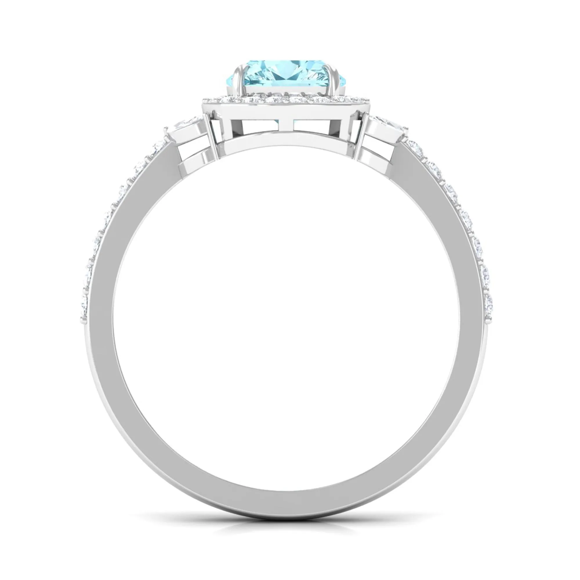 Real Aquamarine Halo Engagement Ring with Diamond