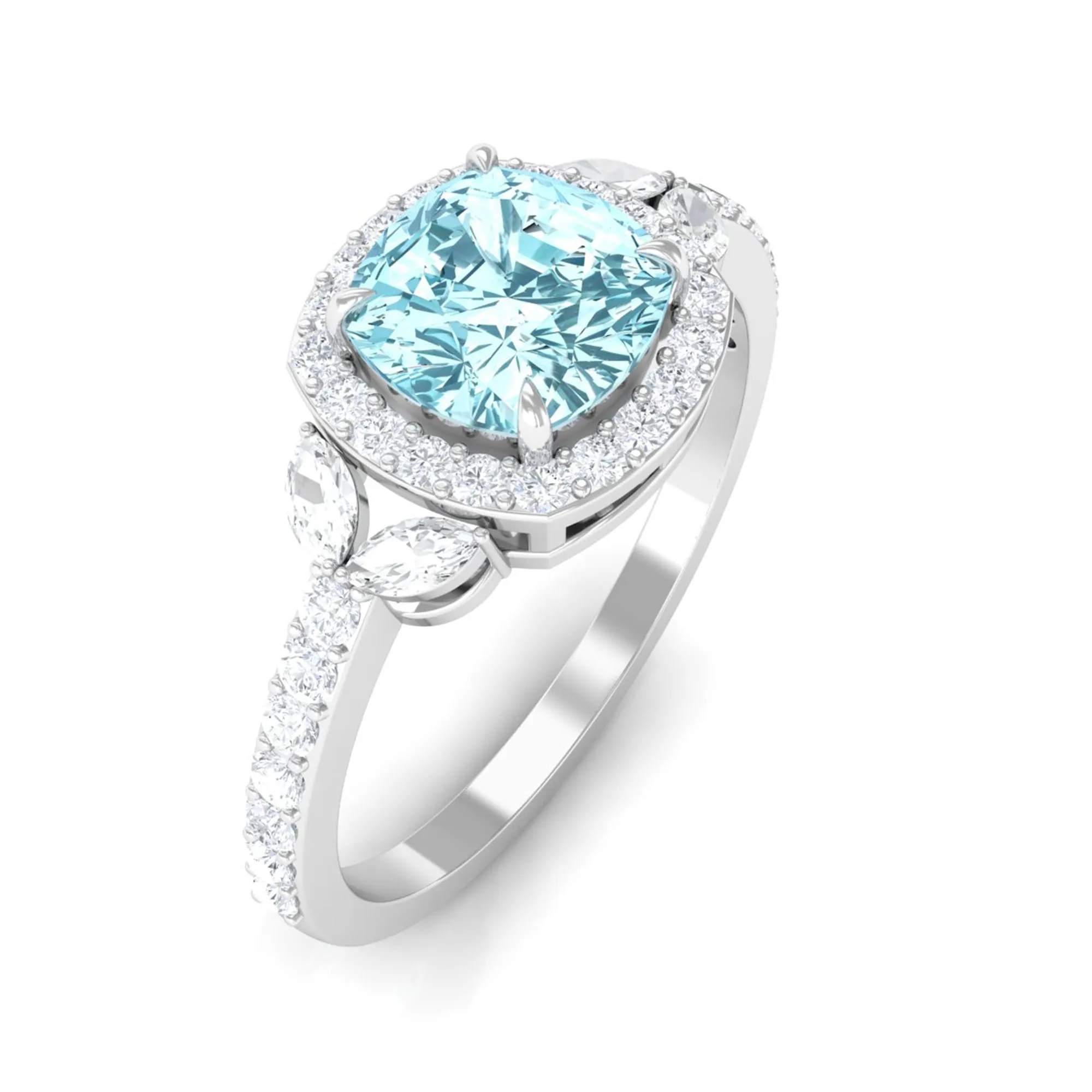 Real Aquamarine Halo Engagement Ring with Diamond