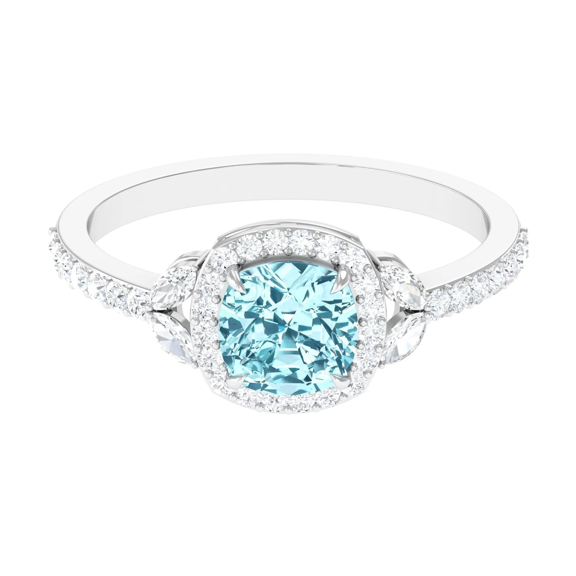 Real Aquamarine Halo Engagement Ring with Diamond