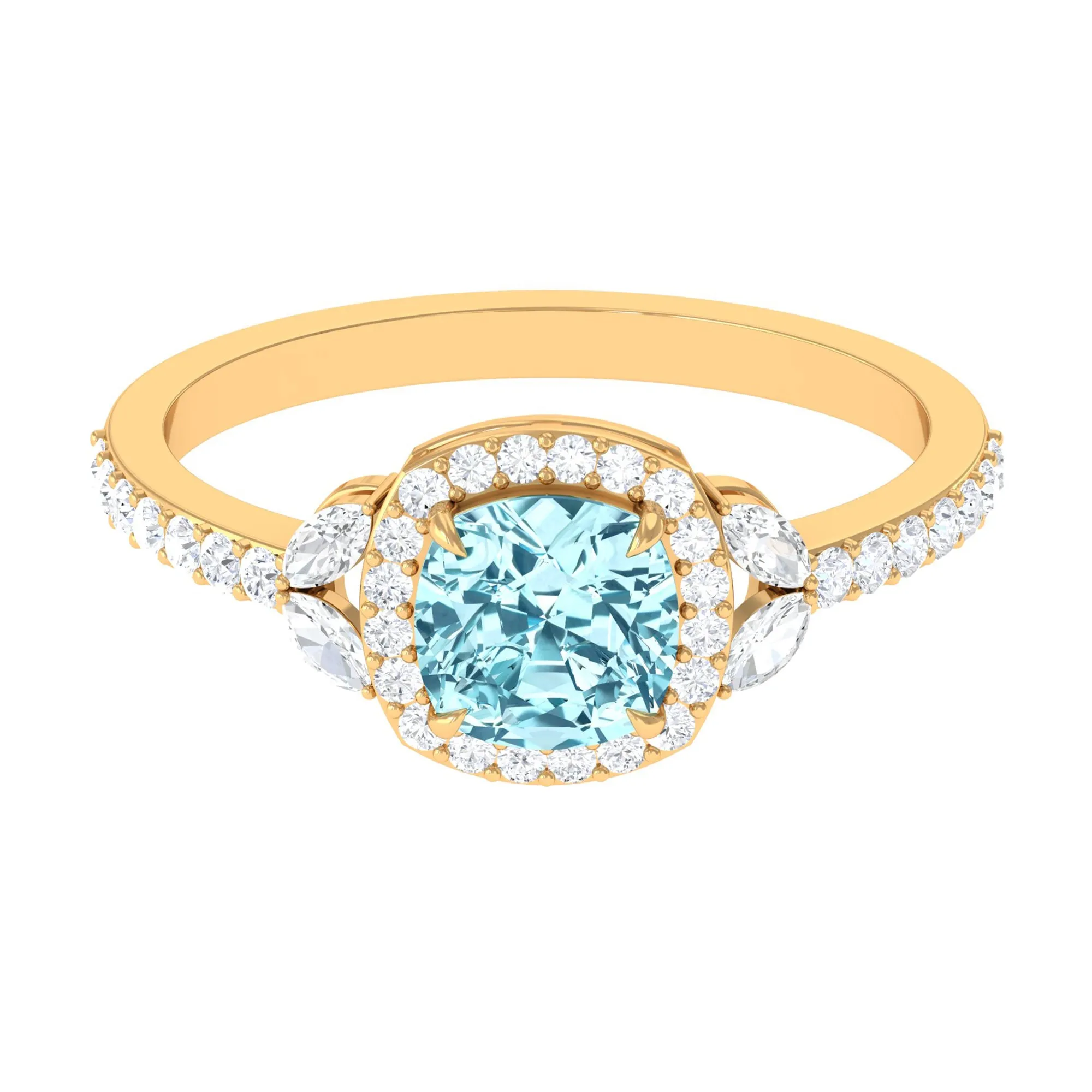 Real Aquamarine Halo Engagement Ring with Diamond
