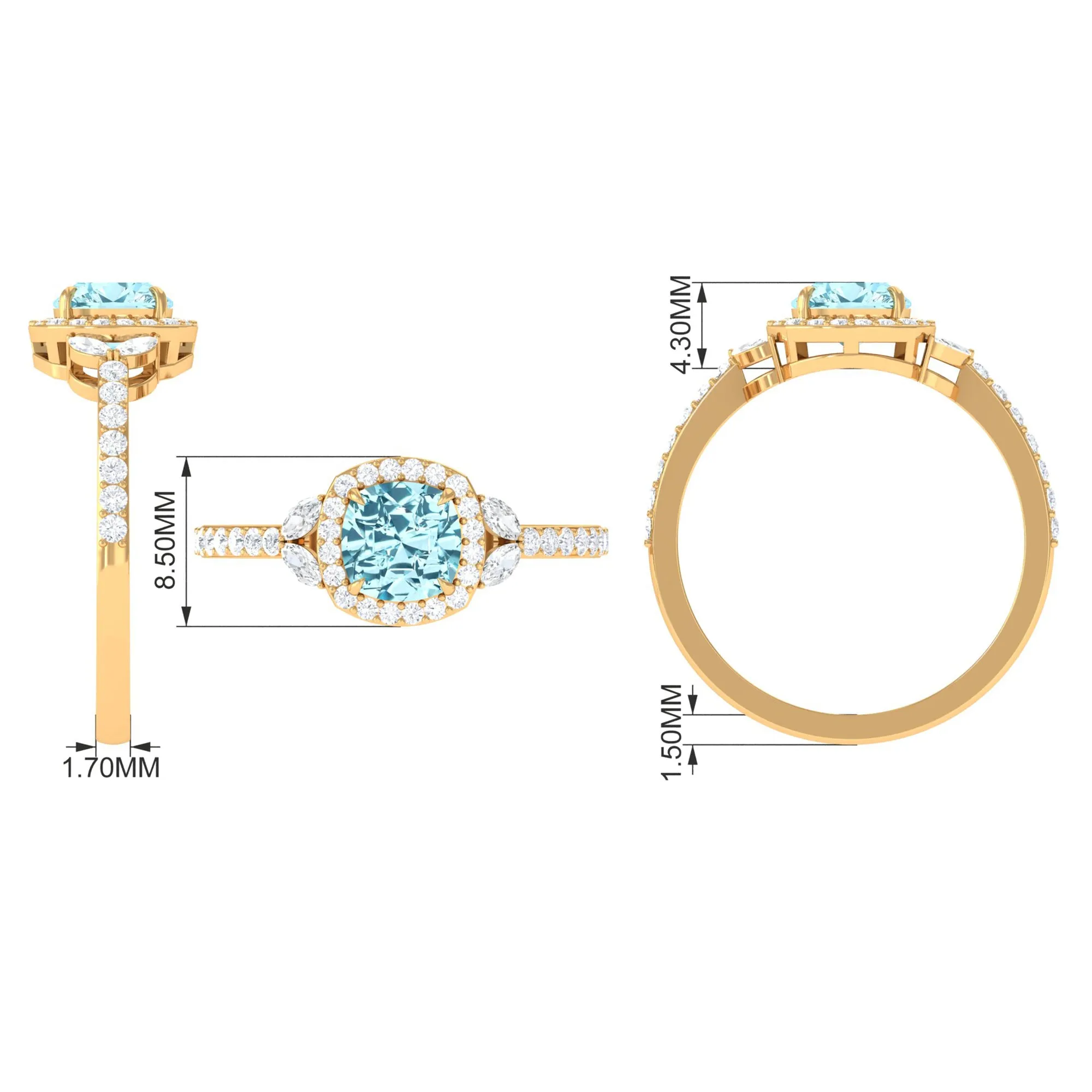 Real Aquamarine Halo Engagement Ring with Diamond