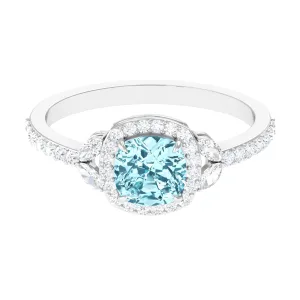Real Aquamarine Halo Engagement Ring with Diamond