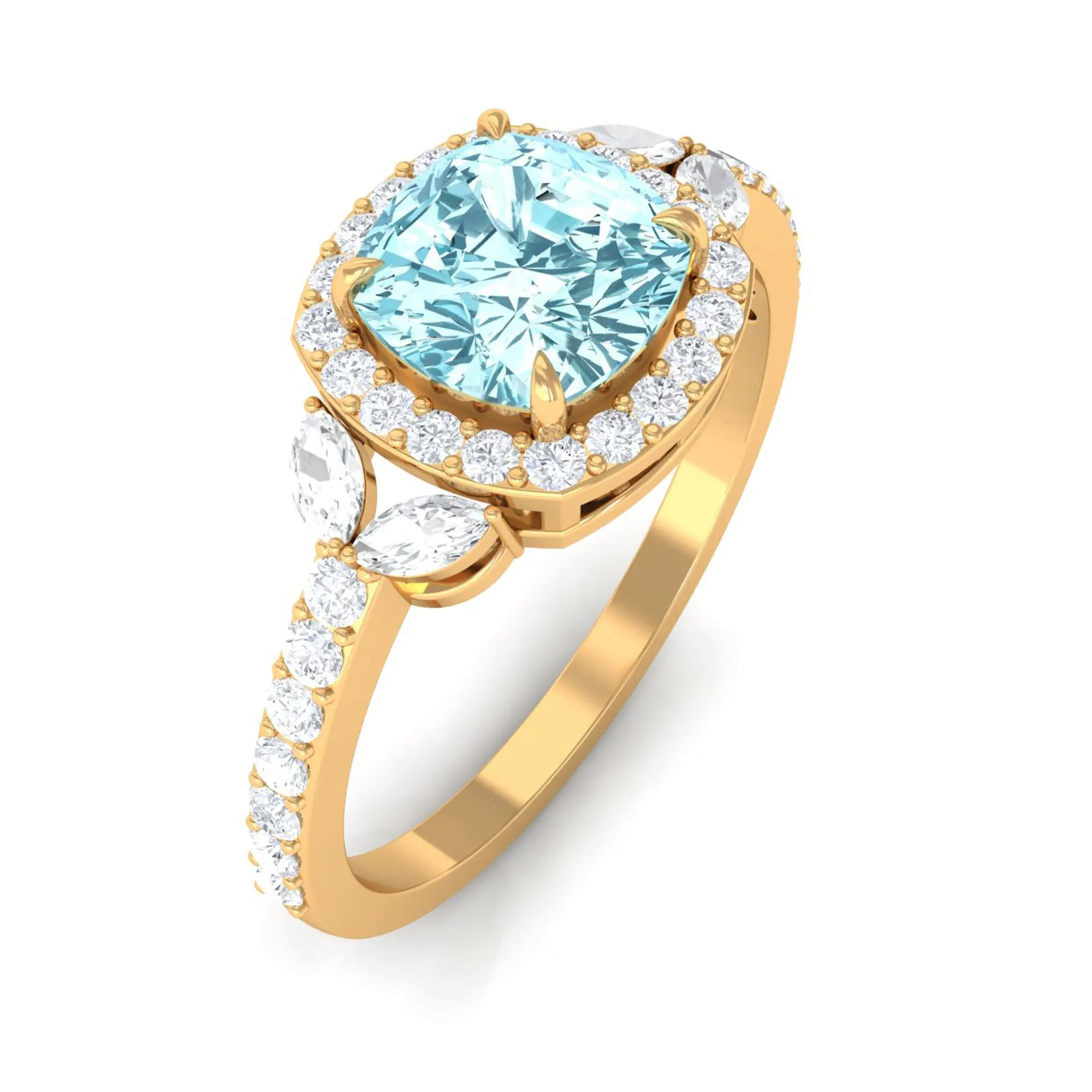 Real Aquamarine Halo Engagement Ring with Diamond