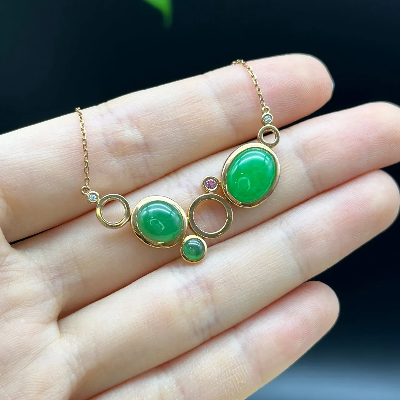 RealJade 18k Rose Gold Jadeite Jade Diamond Bubble Pendant Necklace