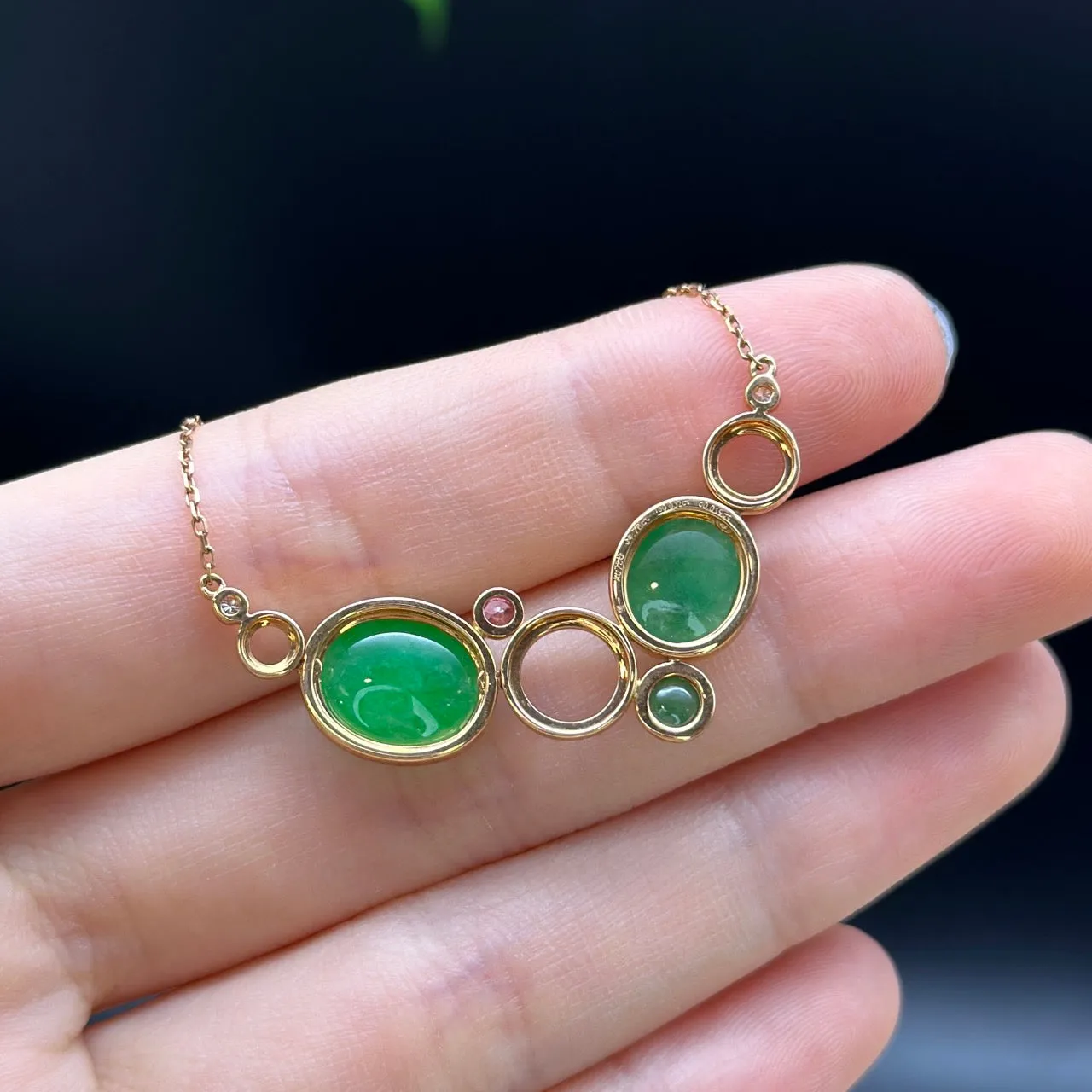 RealJade 18k Rose Gold Jadeite Jade Diamond Bubble Pendant Necklace