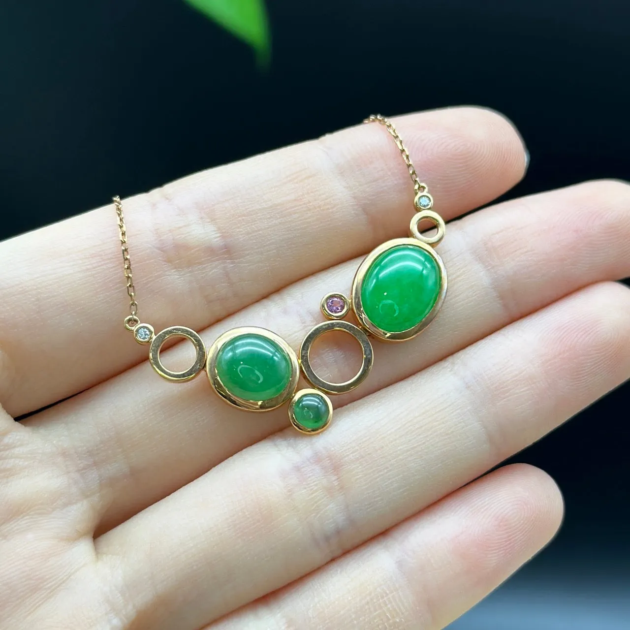 RealJade 18k Rose Gold Jadeite Jade Diamond Bubble Pendant Necklace
