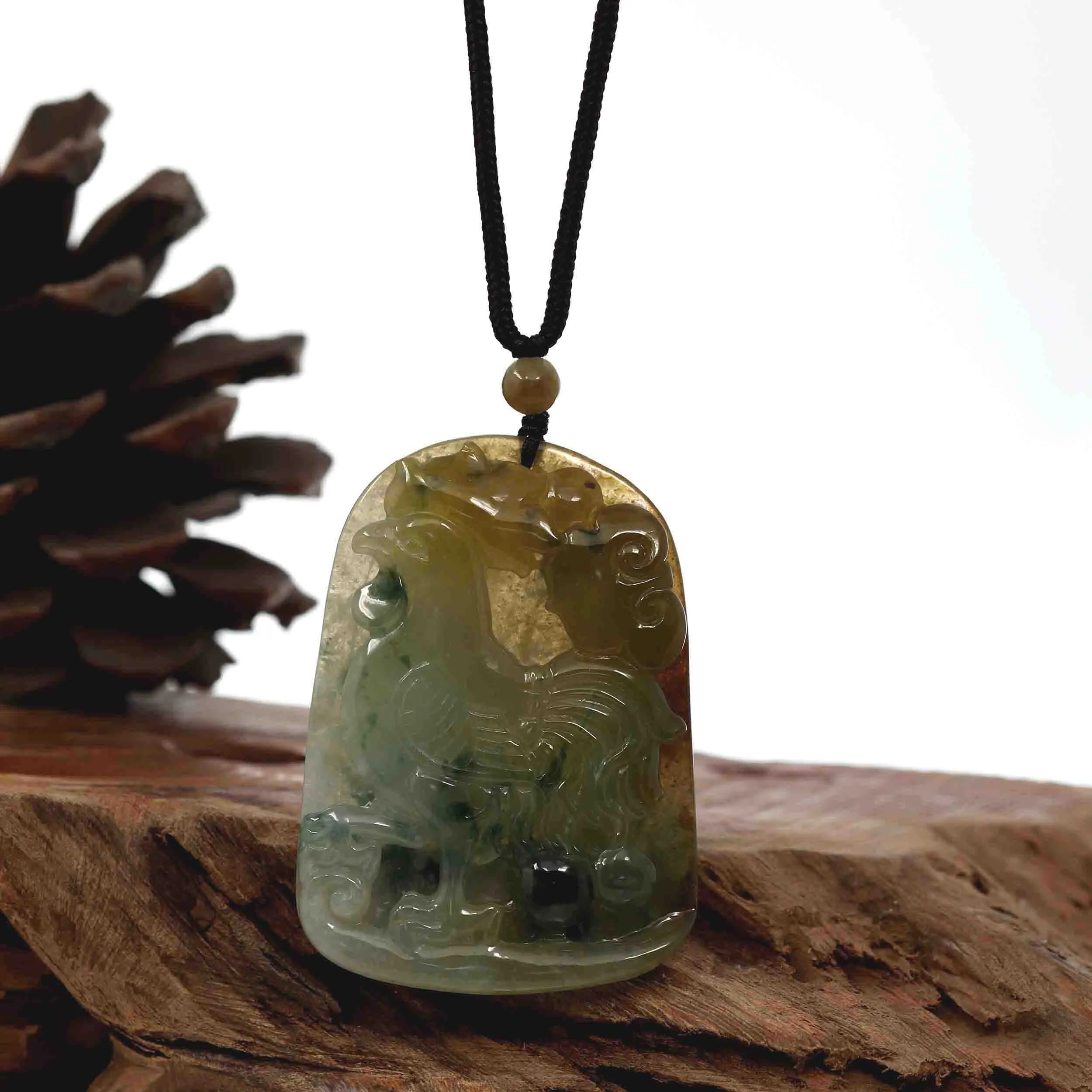 RealJade® Co. Natural Honey Yellow Jadeite Jade "Rooster" Pendant Necklace For Men, Collectibles.