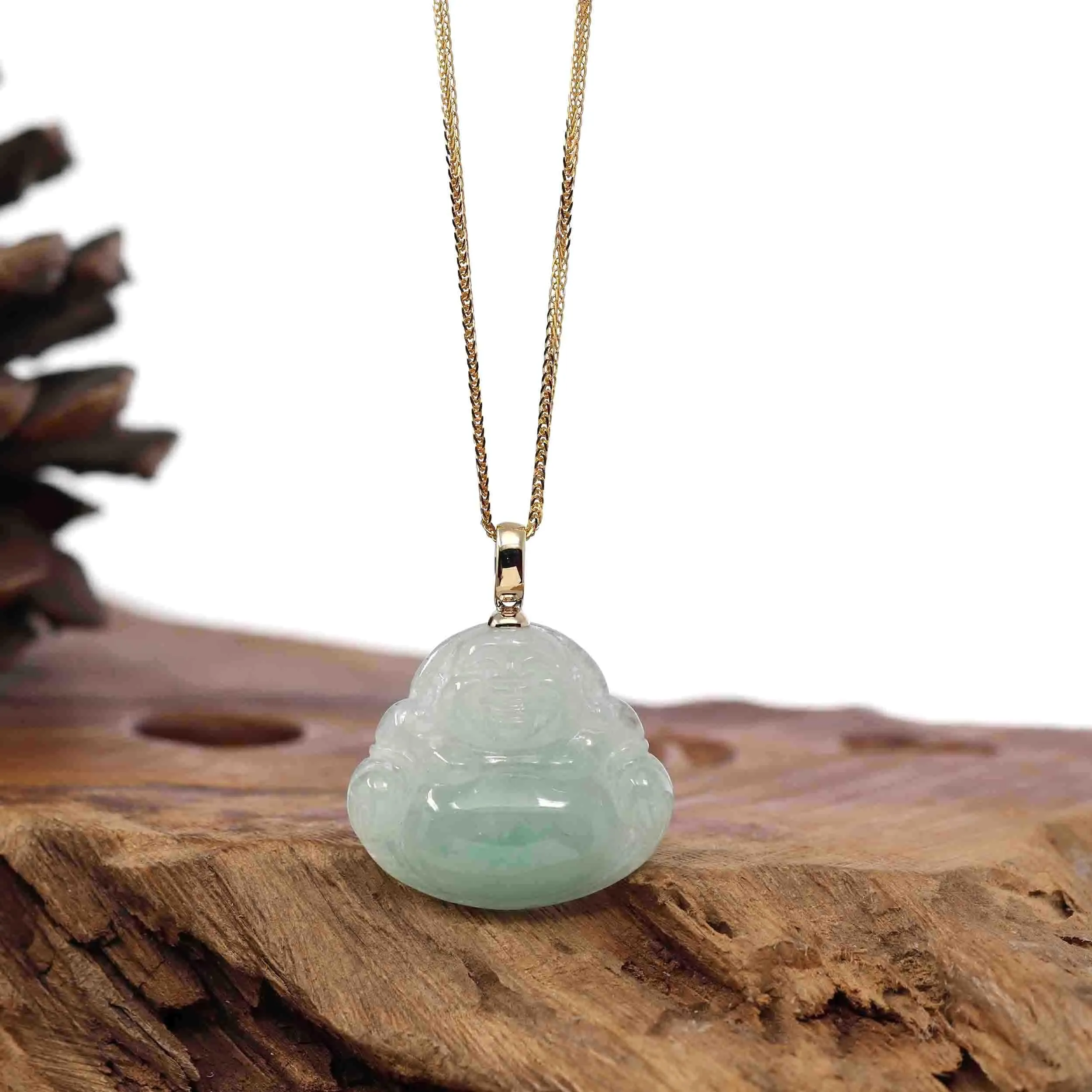 RealJade® Co. "Laughing Buddha" Genuine Green Jadeite Buddha Necklace With 14k Yellow Gold Bail