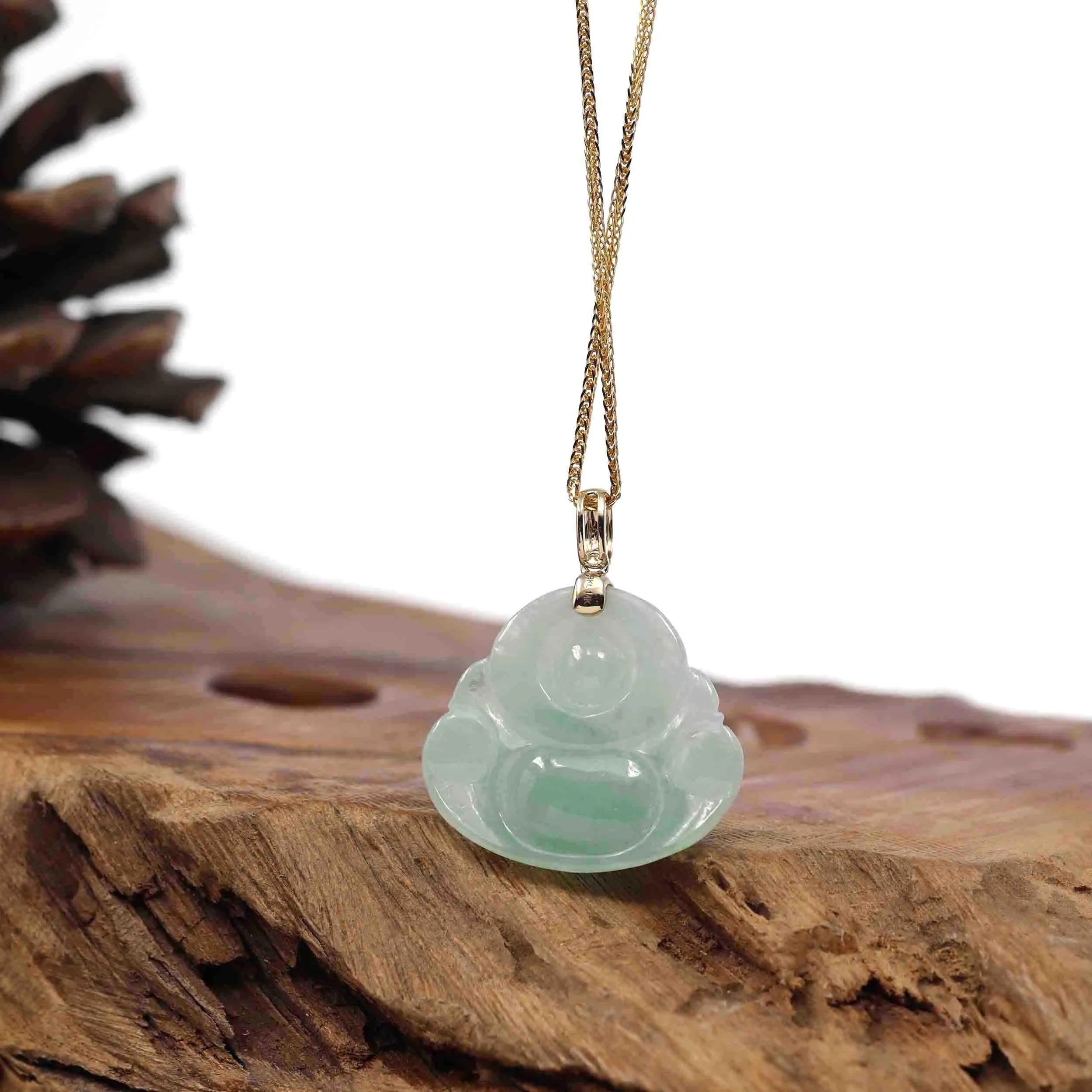 RealJade® Co. "Laughing Buddha" Genuine Green Jadeite Buddha Necklace With 14k Yellow Gold Bail