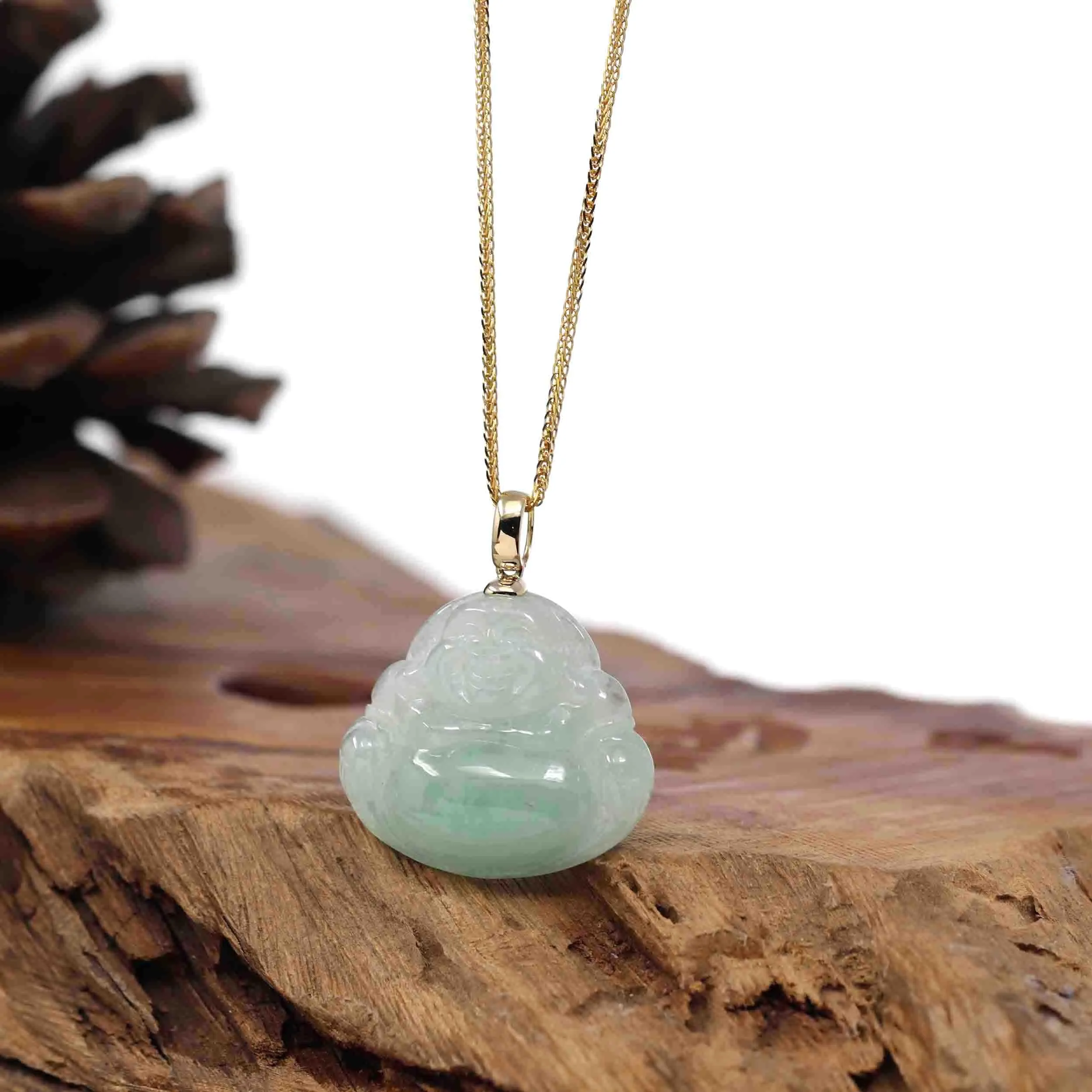 RealJade® Co. "Laughing Buddha" Genuine Green Jadeite Buddha Necklace With 14k Yellow Gold Bail