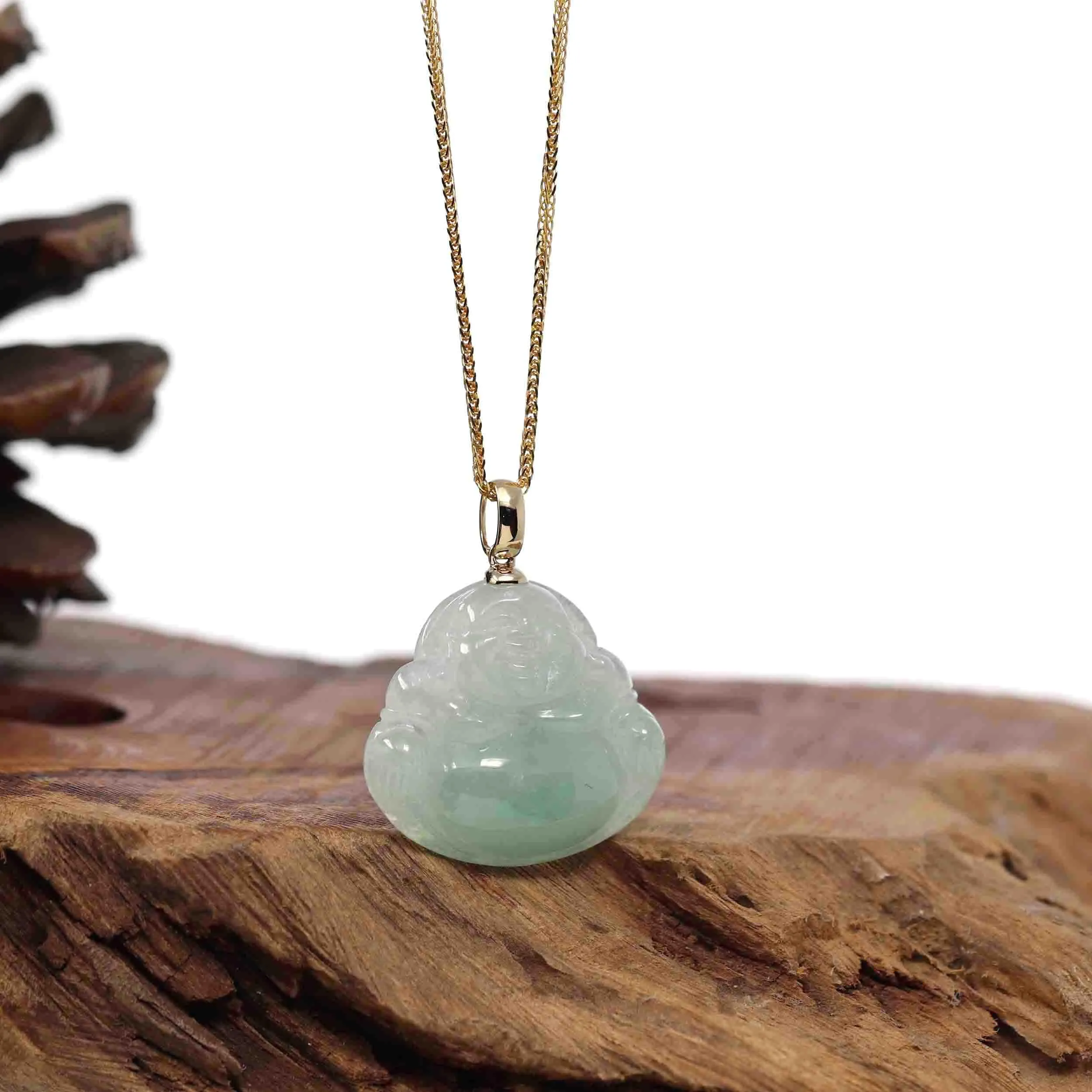 RealJade® Co. "Laughing Buddha" Genuine Green Jadeite Buddha Necklace With 14k Yellow Gold Bail