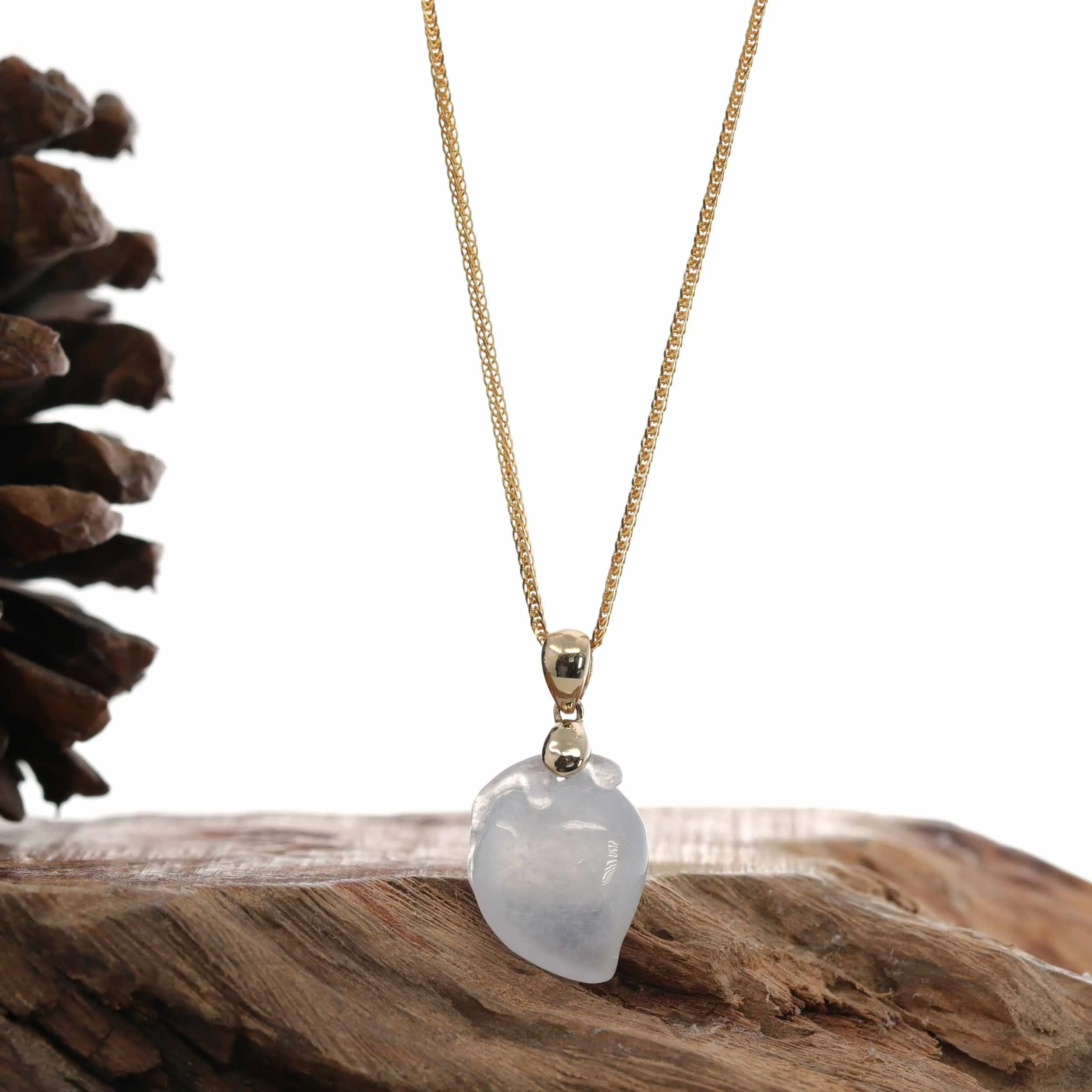 RealJade® Natural Ice Jadeite Jade "Longevity Peach" Shou Tao Necklace with 14k Yellow Gold Bail