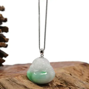 RealJade® "Laughing Buddha" Genuine Vibrant Green Jadeite Buddha Pendant Necklace With 14k White Gold Bail