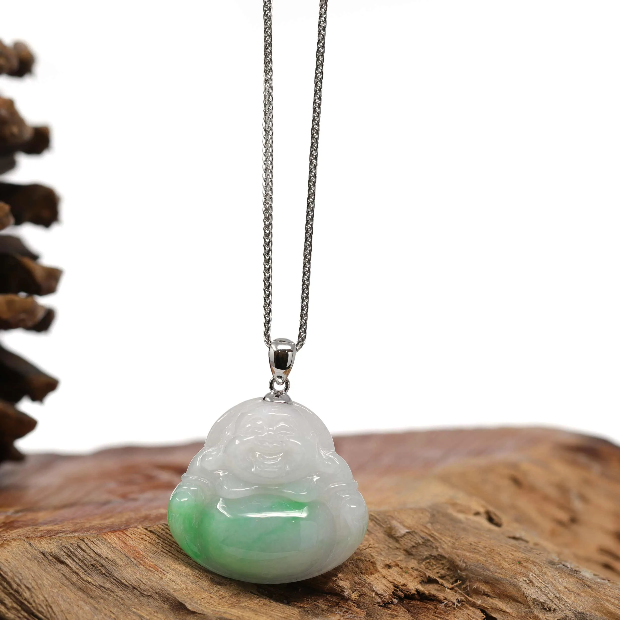 RealJade® "Laughing Buddha" Genuine Vibrant Green Jadeite Buddha Pendant Necklace With 14k White Gold Bail