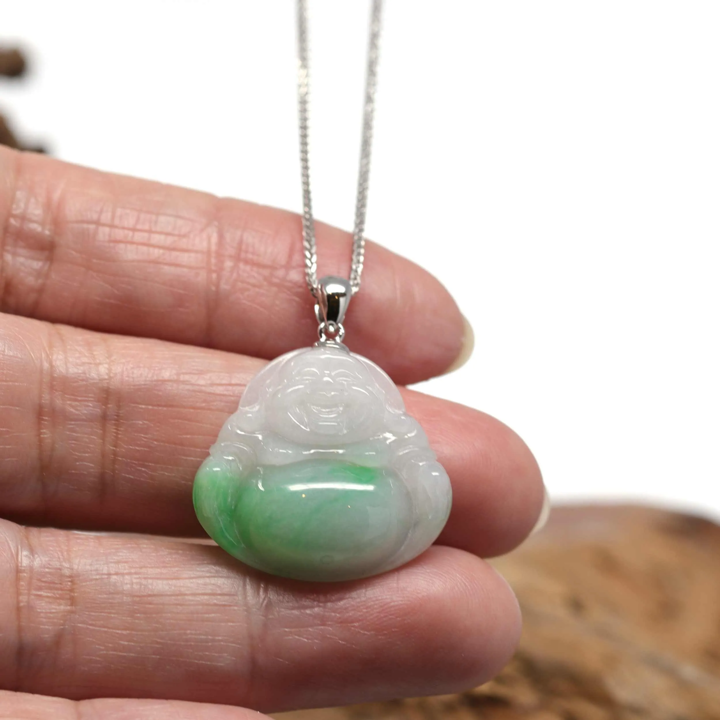 RealJade® "Laughing Buddha" Genuine Vibrant Green Jadeite Buddha Pendant Necklace With 14k White Gold Bail