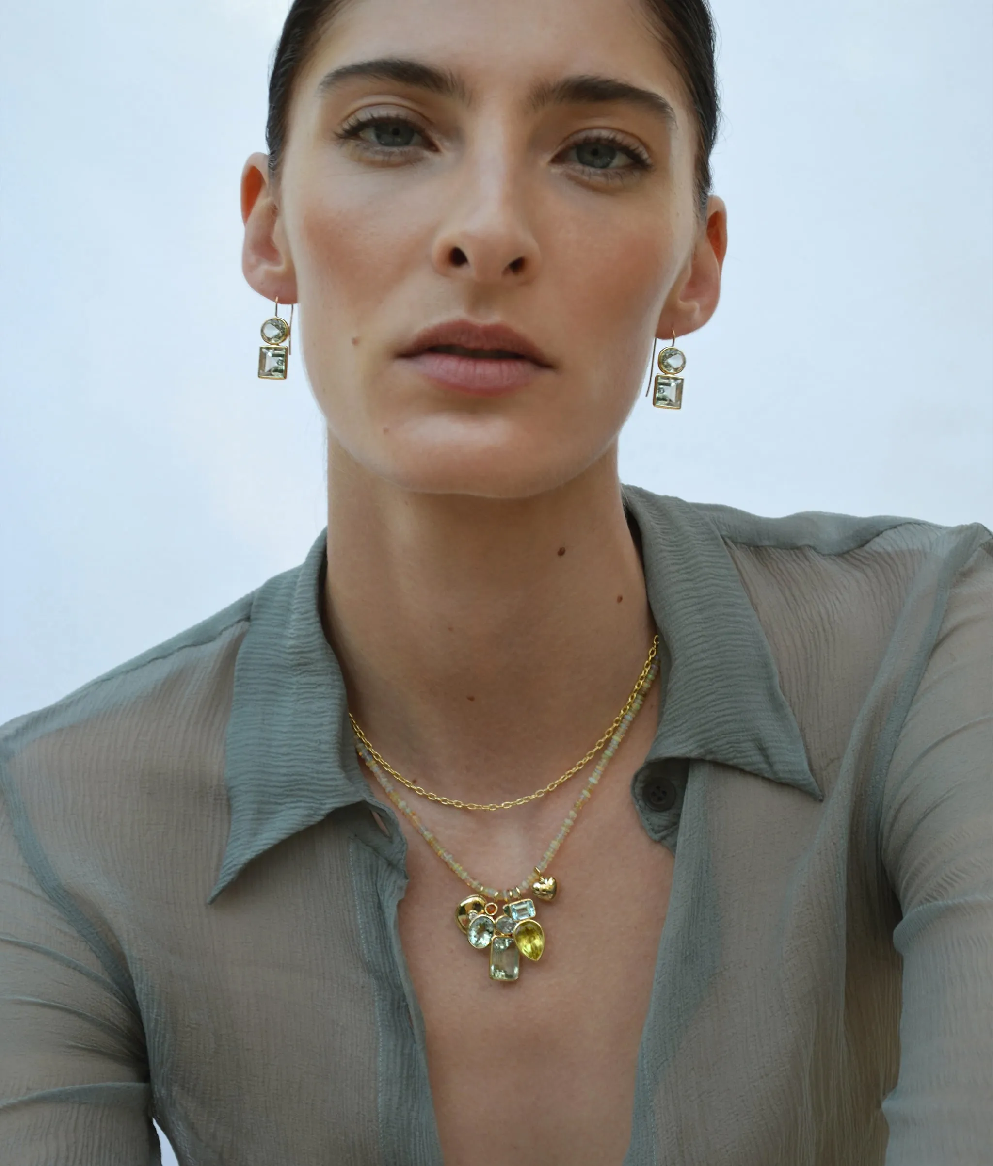 Rectangle Column 14k Gold Necklace Charm in Emerald, Sky Blue Topaz & Green Amethyst