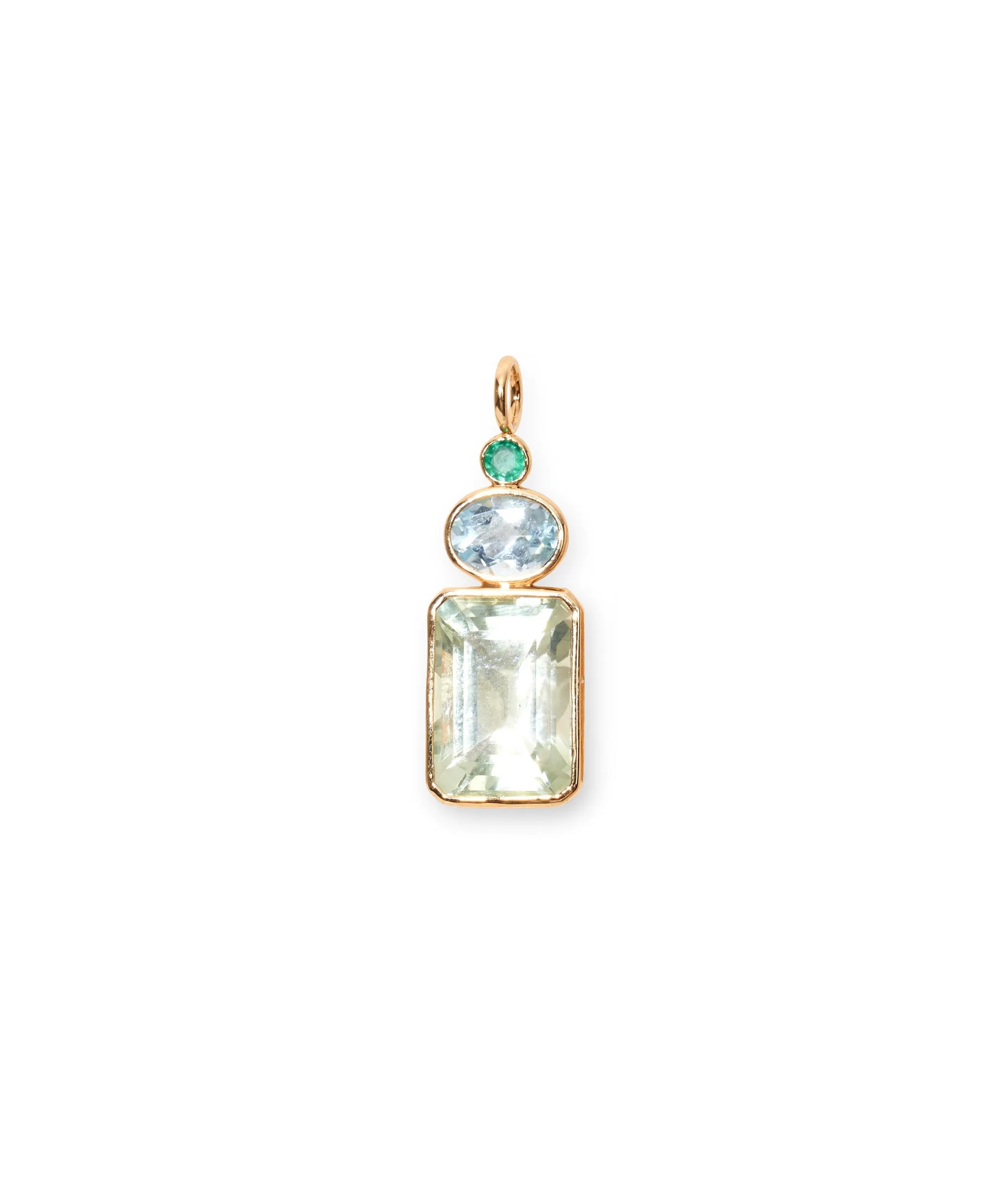 Rectangle Column 14k Gold Necklace Charm in Emerald, Sky Blue Topaz & Green Amethyst