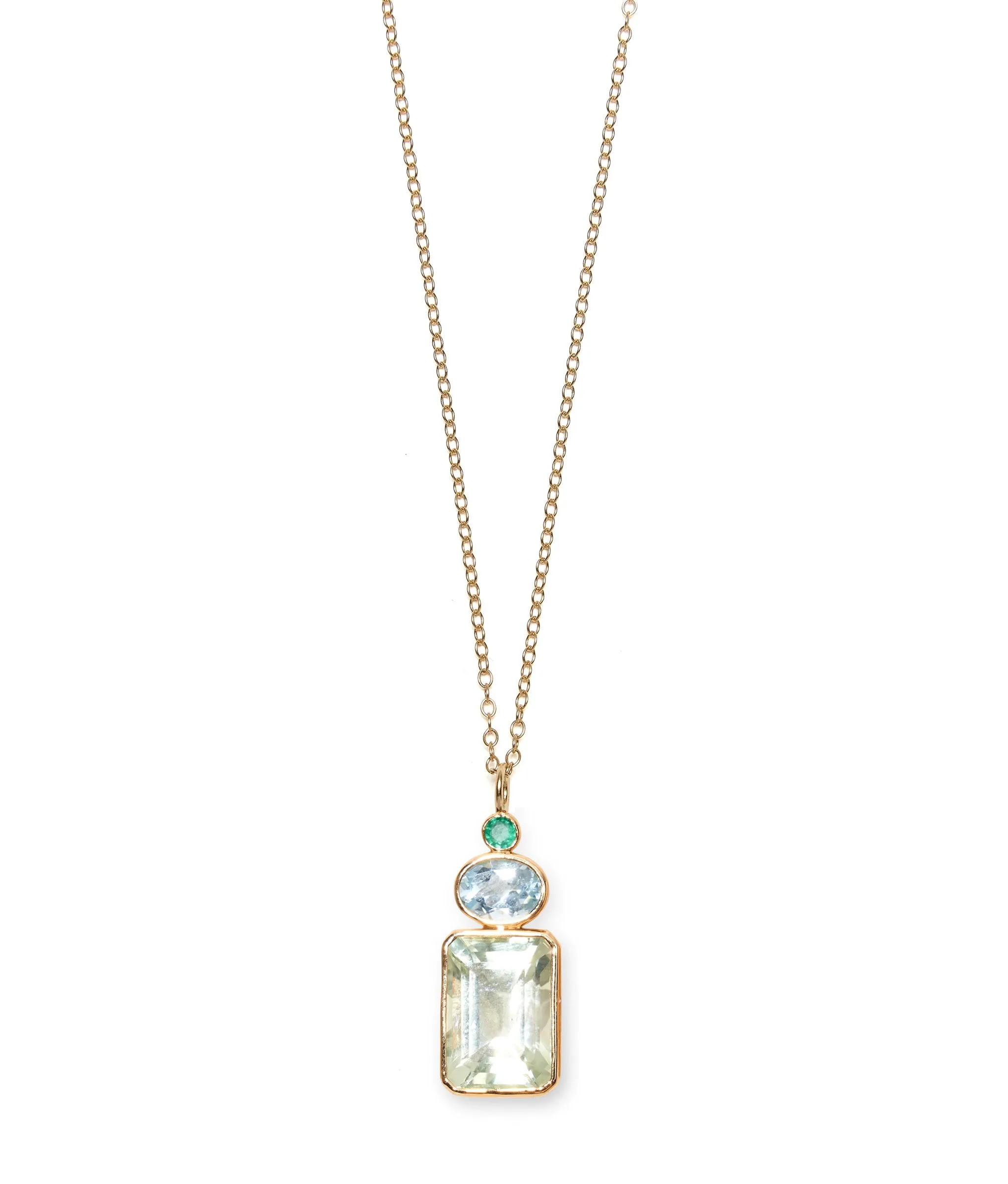 Rectangle Column 14k Gold Necklace Charm in Emerald, Sky Blue Topaz & Green Amethyst