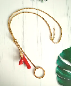 Red Coral Branch with Hammered Circle Slider Necklace