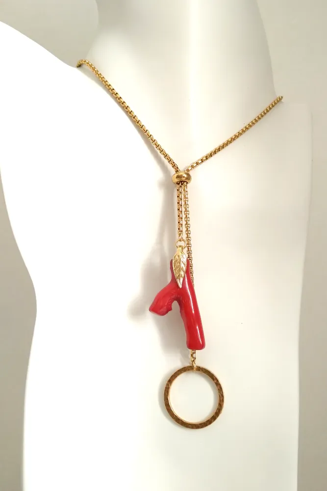 Red Coral Branch with Hammered Circle Slider Necklace