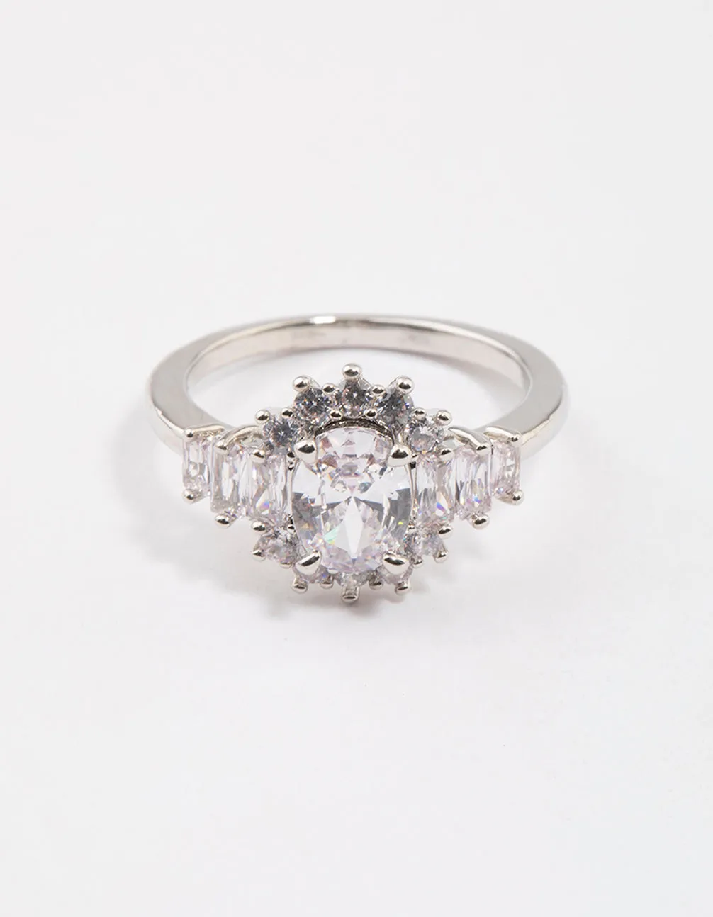 Rhodium Oval & Baguette Cocktail Ring