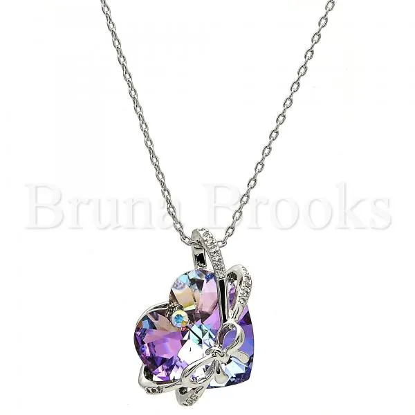 Rhodium Plated Fancy Necklace, Heart Design, with Swarovski Crystals and Micro Pave, Rhodium Tone