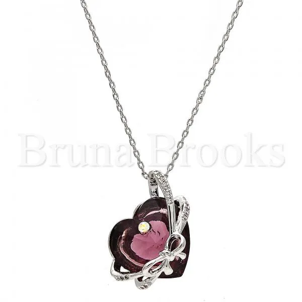 Rhodium Plated Fancy Necklace, Heart Design, with Swarovski Crystals and Micro Pave, Rhodium Tone